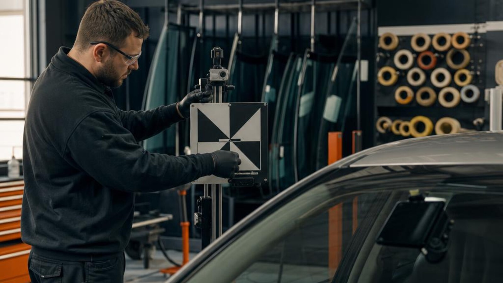 Auto glass technician inspecting calibration equipment in a workshop